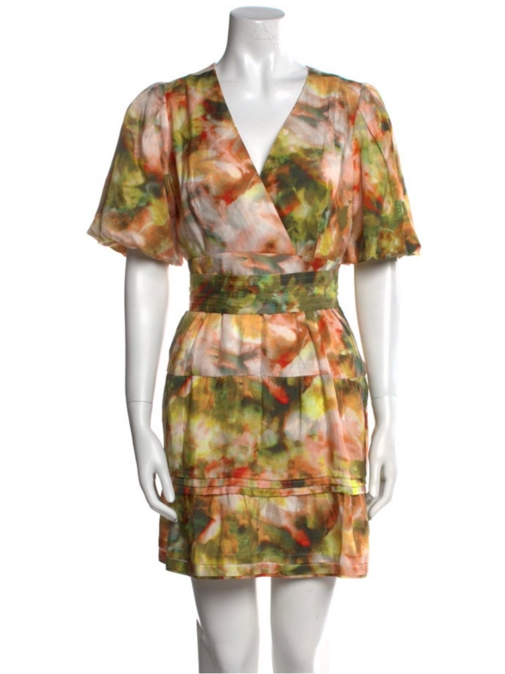 Marie Oliver Callie Silk Blend Mini Dress Green Floral Puff Sleeve Belted Size 8